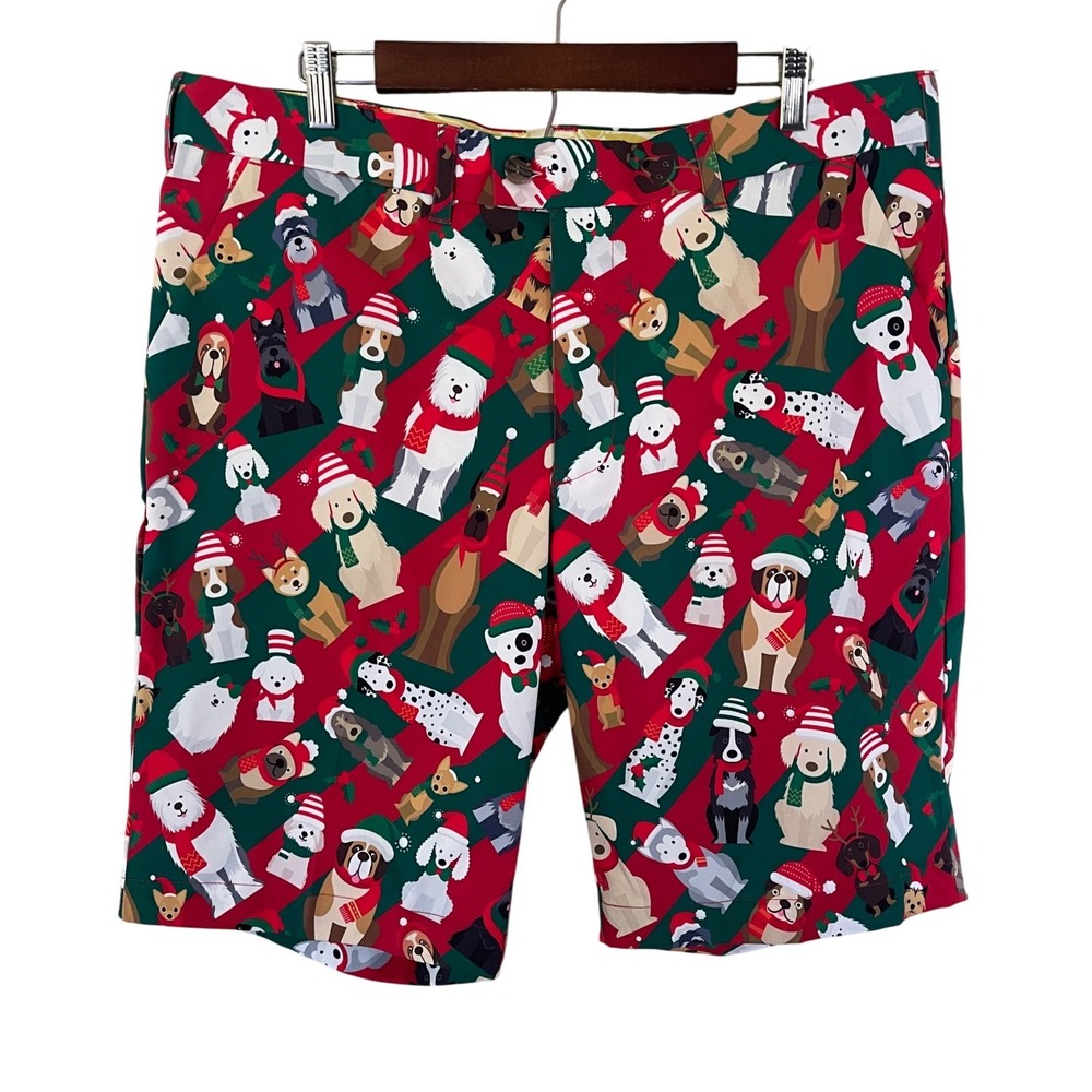 Loudmouth Golf Mens Christmas Dog Print Shorts Red Green Striped Holiday Size 38